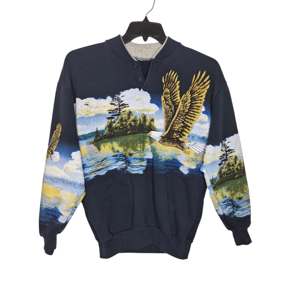 Vintage Art Unlimited Bald Eagle Nature Landscape Fleece Sweater Mens S 21x25